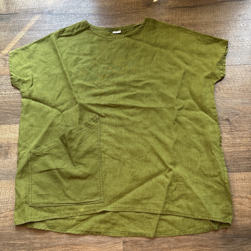 Imperfect Not Perfect 100% Linen Loose Fit Pullover Blouse With Pockets Green XL
